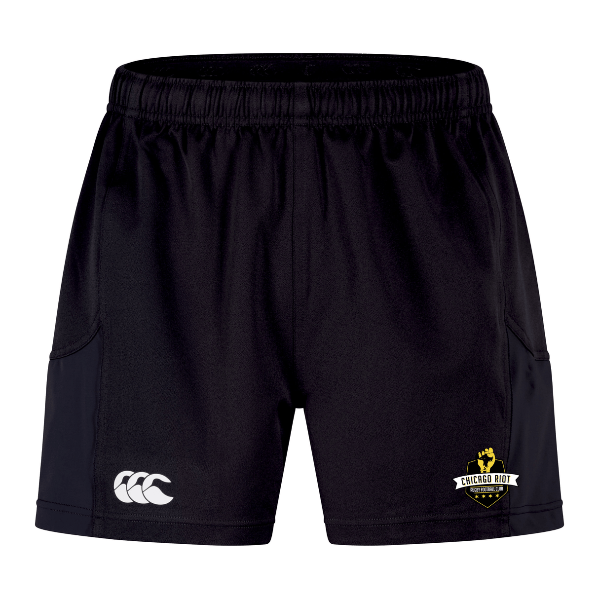 The Chicago Riot Advantage Short 2.0 by EMB Canterbury features an elastic waistband, Canterbury logo on the left leg, Chicago Riot crest on the right, and is made from recycled athletic material for comfort and durability.