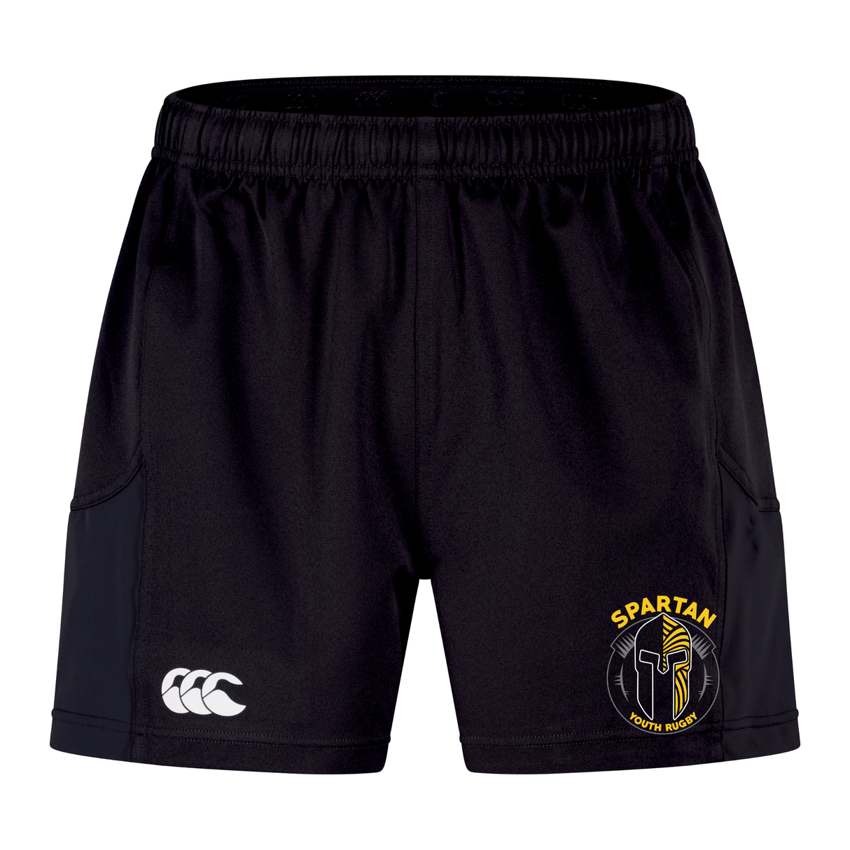 The Spartan Youth Rugby Advantage Short 2.0 by EMB Canterbury features an elastic waistband, white Canterbury logo on the left leg, yellow Spartan emblem on the right, and is made with recycled content—ideal for training.