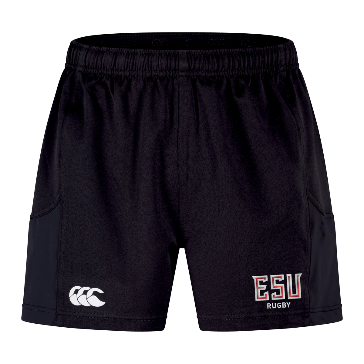 The East Stroudsburg University Advantage Short 2.0 by EMB Canterbury features an elastic waistband, Canterbury and ESU Rugby logos on the front, and is designed for comfort and durability.