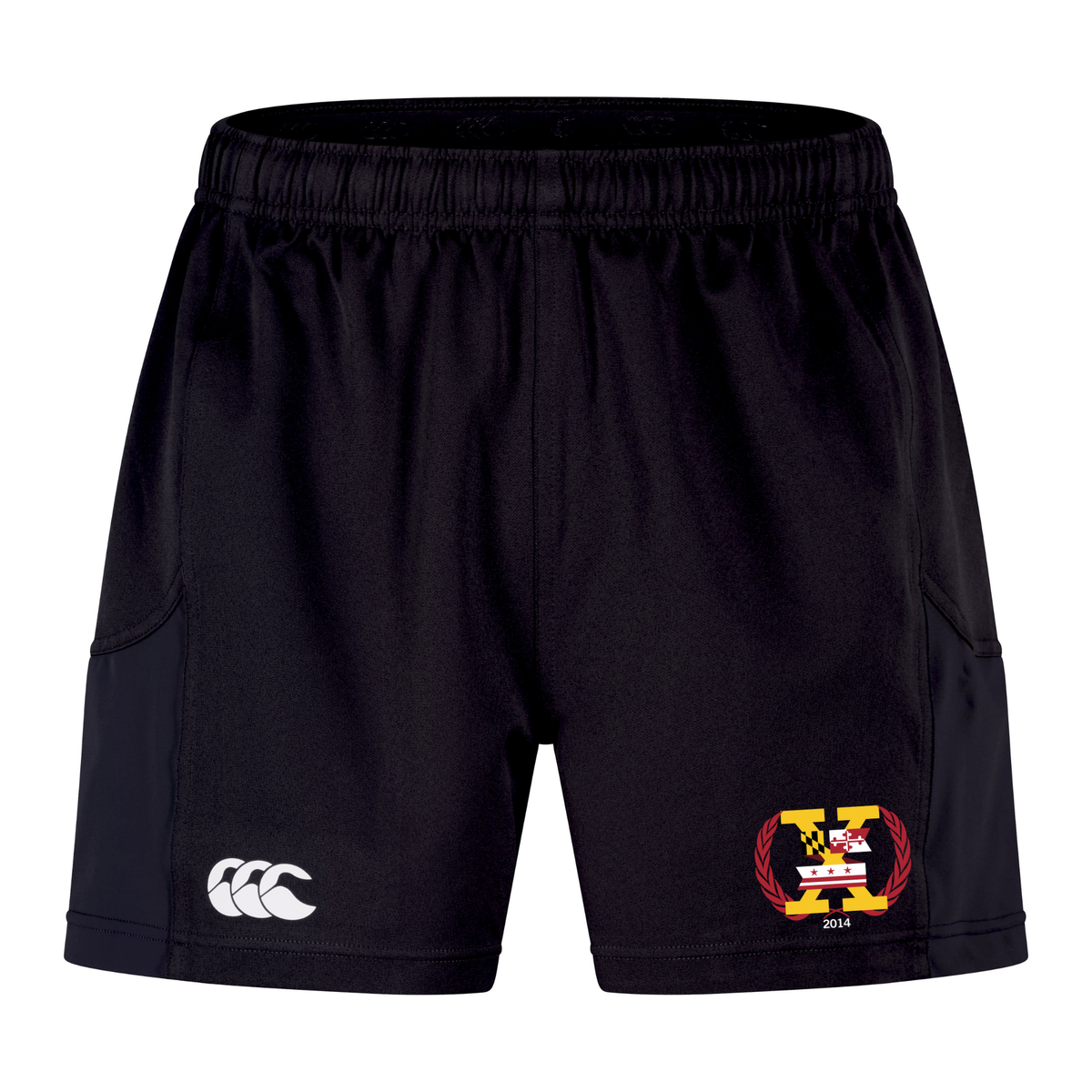Potomac Exiles Rugby Club Advantage Short 2.0 by EMB Canterbury—black performance training shorts with an elastic waistband, featuring a white Canterbury logo on the left leg and a colorful Potomac Exiles crest with the letter "H" and "2014" on the right leg. These recycled athletic shorts are designed for durability and comfort in every workout.