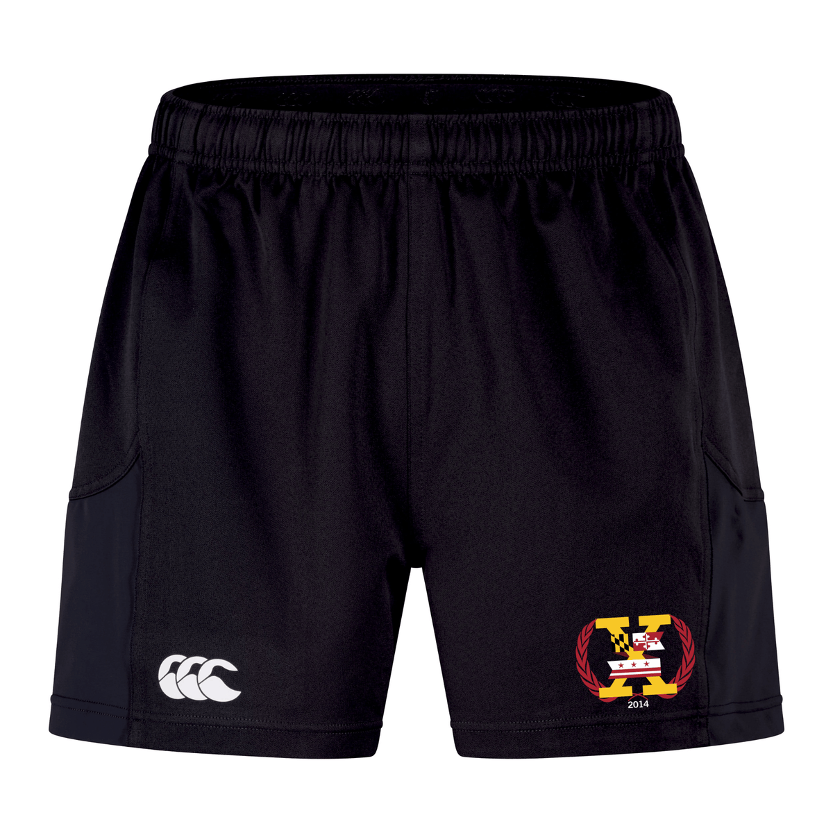 Potomac Exiles Rugby Club Advantage Short 2.0 by EMB Canterbury—black performance training shorts with an elastic waistband, featuring a white Canterbury logo on the left leg and a colorful Potomac Exiles crest with the letter "H" and "2014" on the right leg. These recycled athletic shorts are designed for durability and comfort in every workout.