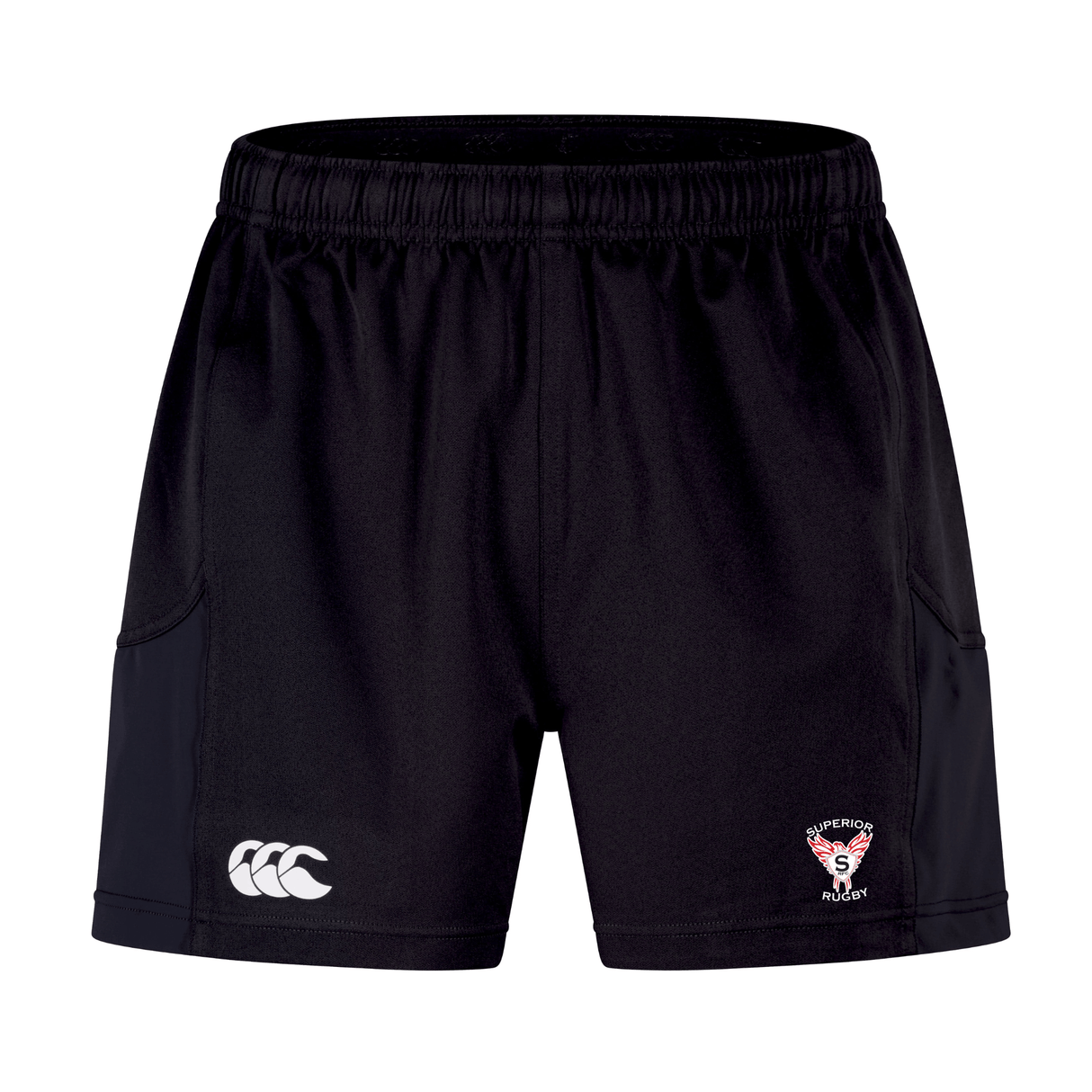 The EMB Canterbury Superior Rugby Club Advantage Short 2.0 features an elastic waistband, a white Canterbury logo on the left leg, and a "Superior Rugby Club" emblem on the right, made with recycled content for sustainable play.