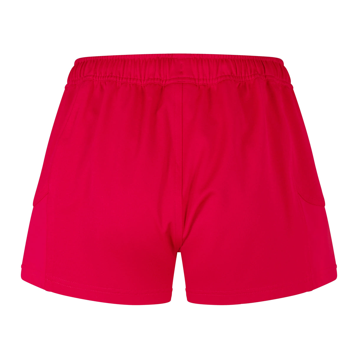 The Women's Canterbury Advantage Short 2.0 by Canterbury is bright pink with an elastic waistband and two side pockets, shown from the back. Made with recycled content, these shorts provide performance and sustainability for eco-conscious athletes.