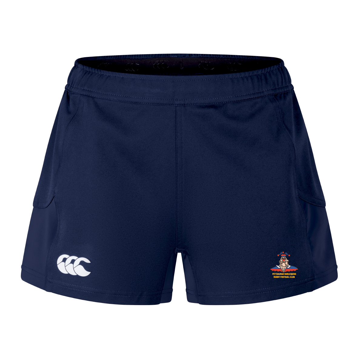 Navy blue EMB Canterbury shorts featuring a white logo on the left and a vibrant emblem on the right, crafted for superior performance and unmatched comfort, named Pittsburgh Harlequins Rugby Women's Advantage Short 2.0 by Canterbury.