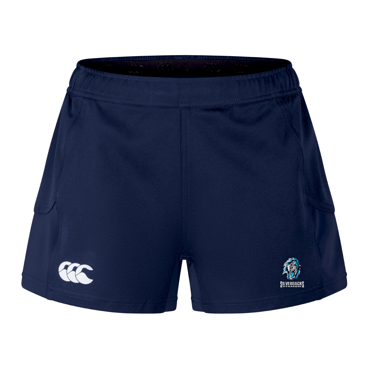The Syracuse Silverbacks Women's Advantage Short 2.0 by EMB Canterbury, in navy blue, showcases a white logo on the left leg and a lion emblem on the right side. These sports shorts provide enhanced performance while highlighting sustainability.