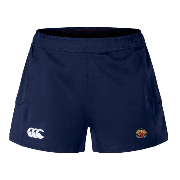 The navy blue Wiregrass Rugby Advantage Short 2.0 by EMB Canterbury features a white logo on the left and a colorful emblem on the right, crafted from recycled content for ultimate performance.