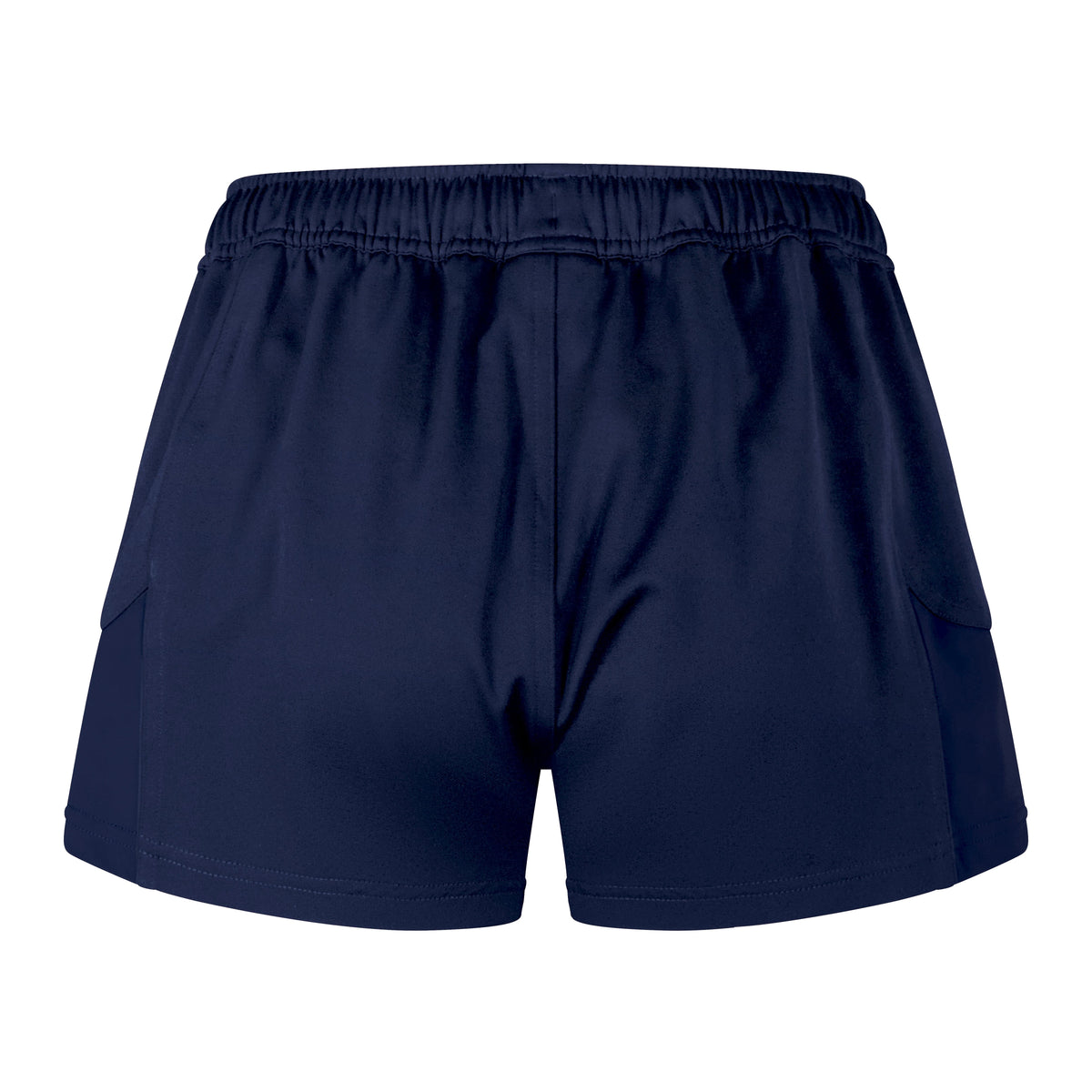 The Women's Canterbury Advantage Short 2.0 by Canterbury are navy blue athletic shorts, featuring an elastic waistband, pockets, and crafted from recycled materials for enhanced sustainability, shown from the back view.