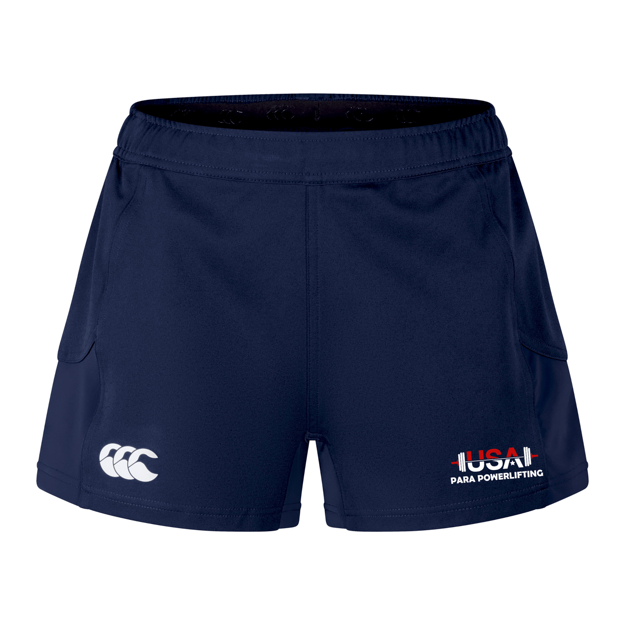 The USA Para Powerlifting Women's Advantage Short 2.0 by EMB Canterbury features navy blue sustainable design, with the Canterbury logo on the left leg and the USA Para Powerlifting logo on the right for peak performance training.