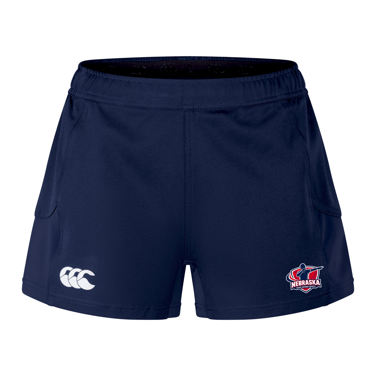 The Nebraska Rugby Referee Society Women's Advantage Short 2.0 by EMB Canterbury features navy blue recycled fabric, with the Canterbury logo on the left leg and Nebraska rugby logo on the right, designed for performance training.