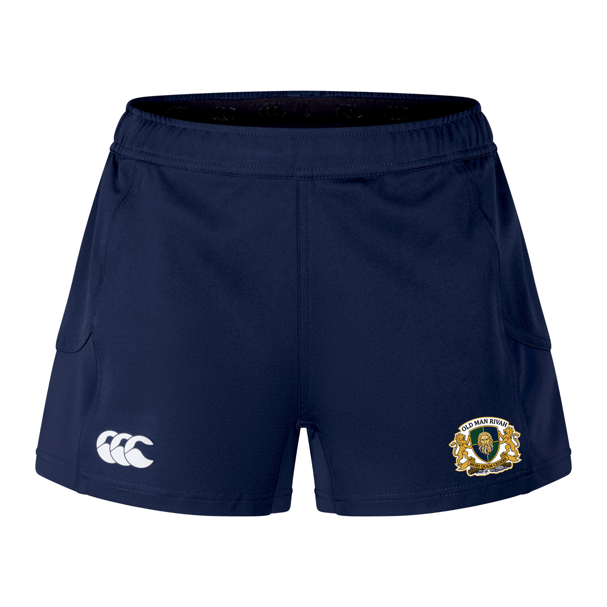 The Old Man Rivah Rugby Women's Advantage Short 2.0 by EMB Canterbury features navy blue fabric, a white Canterbury logo on the left leg, and a gold and white crest on the right, designed for both performance and style.