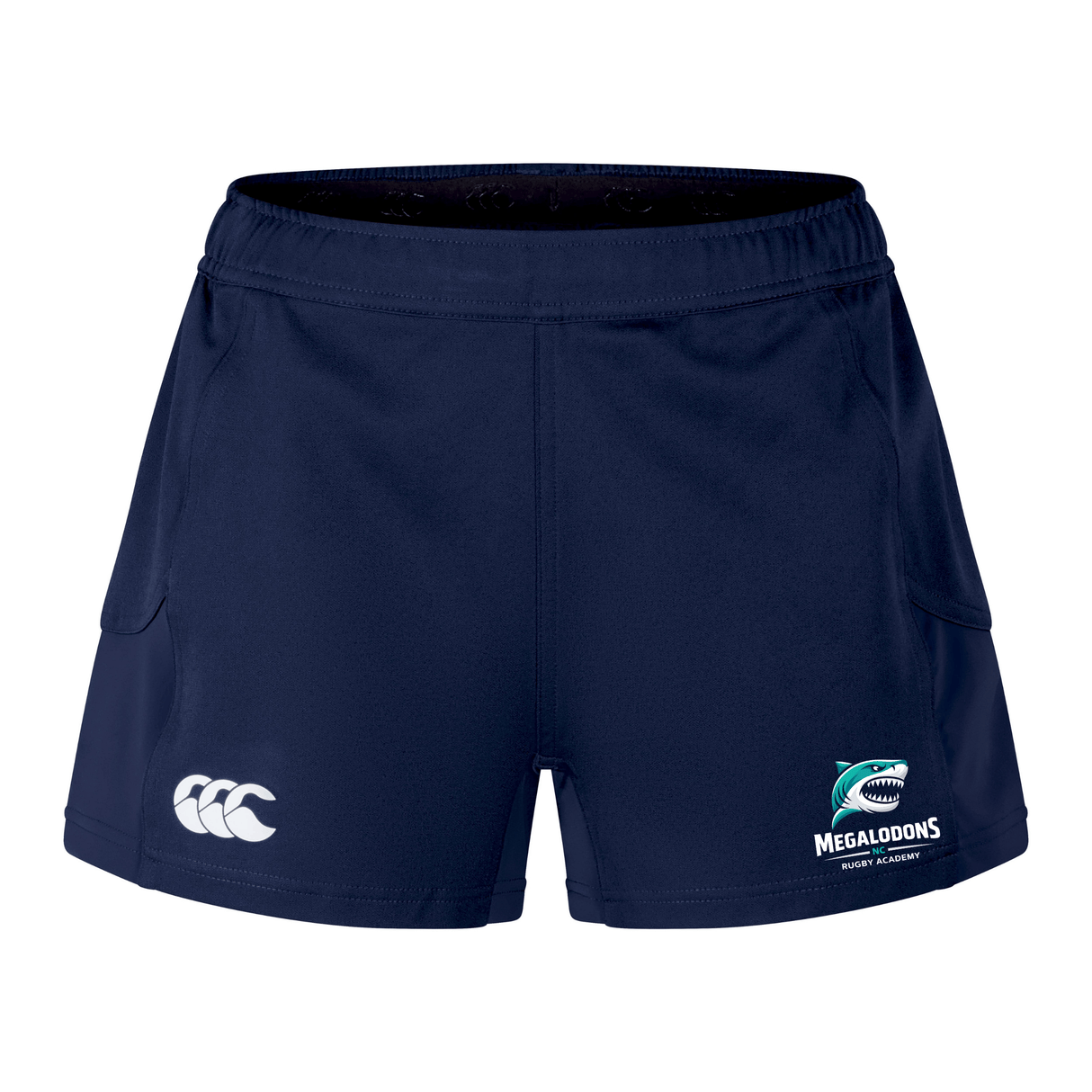 The EMB Canterbury NC Rugby Academy - Megalodons Women's Advantage Short 2.0 are navy blue sustainable rugby shorts with the Canterbury logo on the left leg and Megalodons Rugby Academy logo on the right.