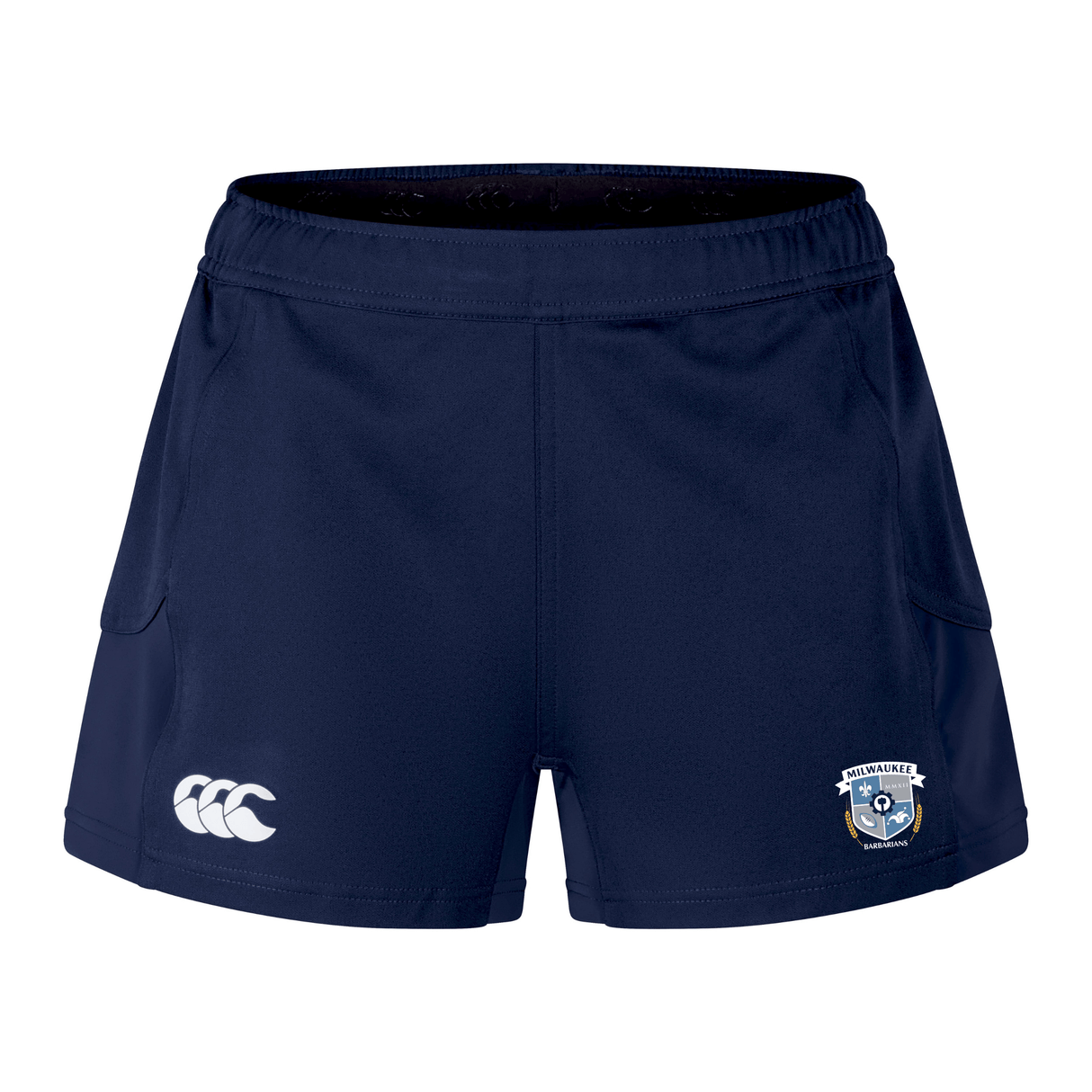 The Milwaukee Barbarians Rugby Women's Advantage Short 2.0 by EMB Canterbury is a navy blue sustainable athletic short, featuring a white Canterbury logo on the left leg and a team crest on the right.