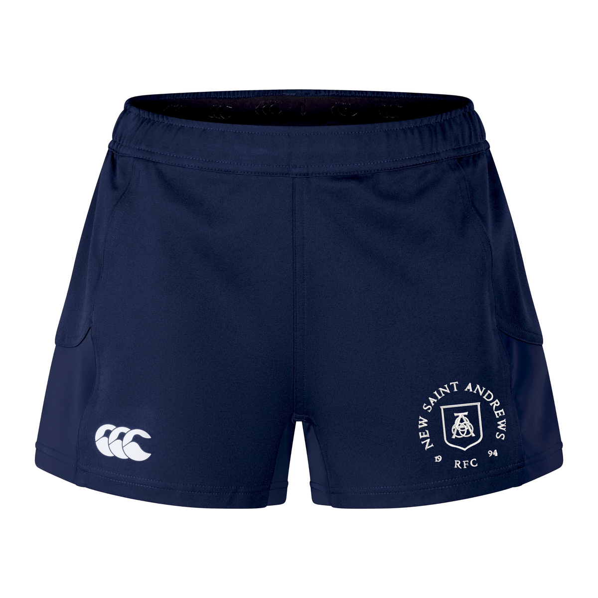 The New Saint Andrews College Women’s Advantage Short 2.0 by EMB Canterbury features navy blue performance fabric, the Canterbury logo on the left leg, and the New Saint Andrews RFC crest on the right leg, offering both comfort and style for every workout.