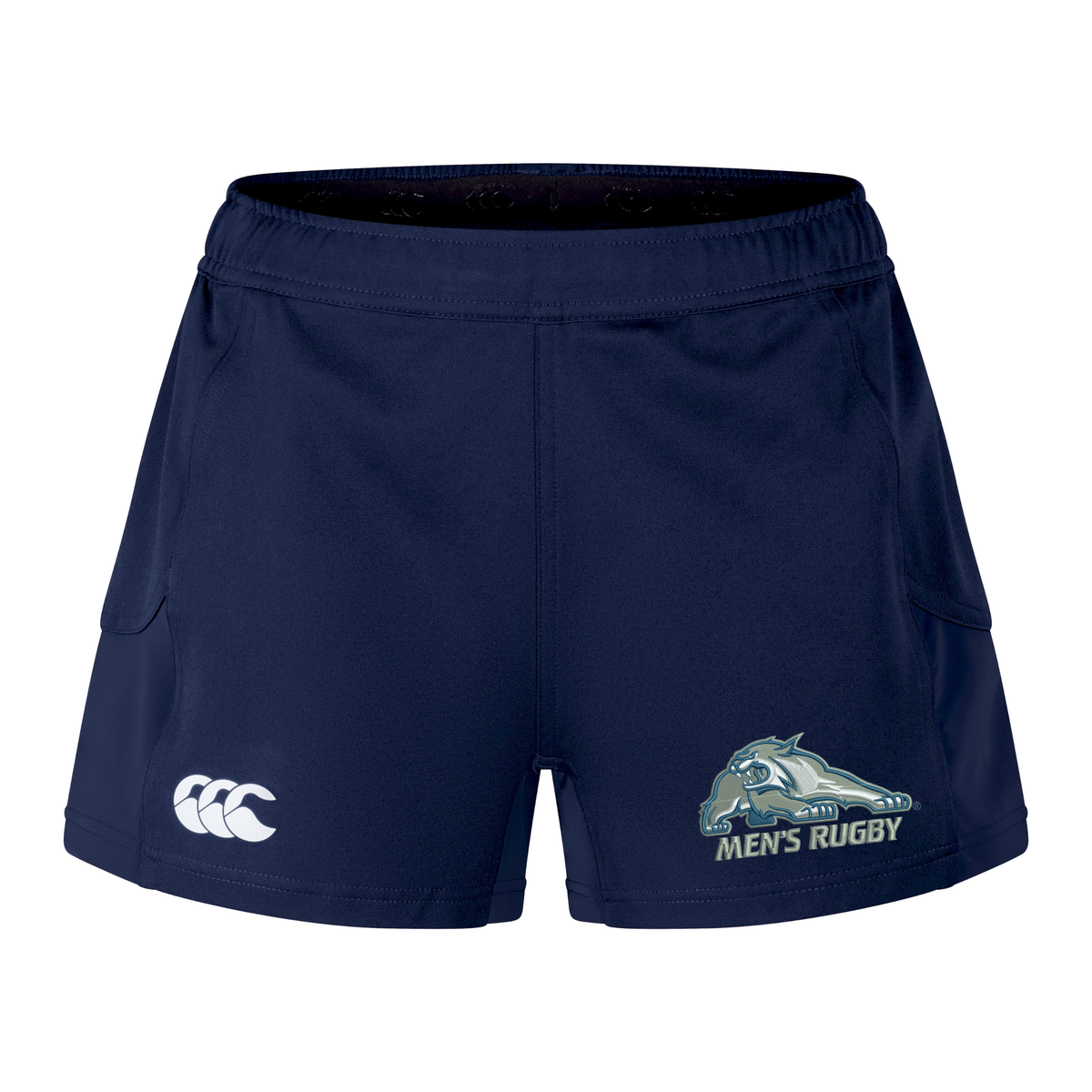 Navy blue sustainable University of New Hampshire Women’s Advantage Short 2.0 by Canterbury athletic shorts with a white logo on the right leg and a university mascot graphic with “Men’s Rugby” text.