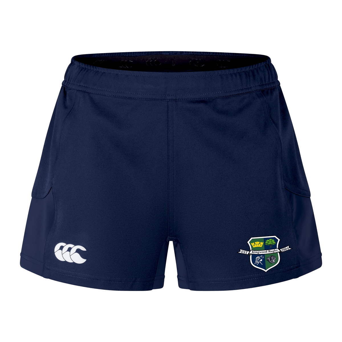 The Kingwood Rugby Women's Advantage Short 2.0 by EMB Canterbury features a navy design, white Canterbury logo on the left leg, and a green/yellow/blue school crest on the right—ideal recycled shorts for training.
