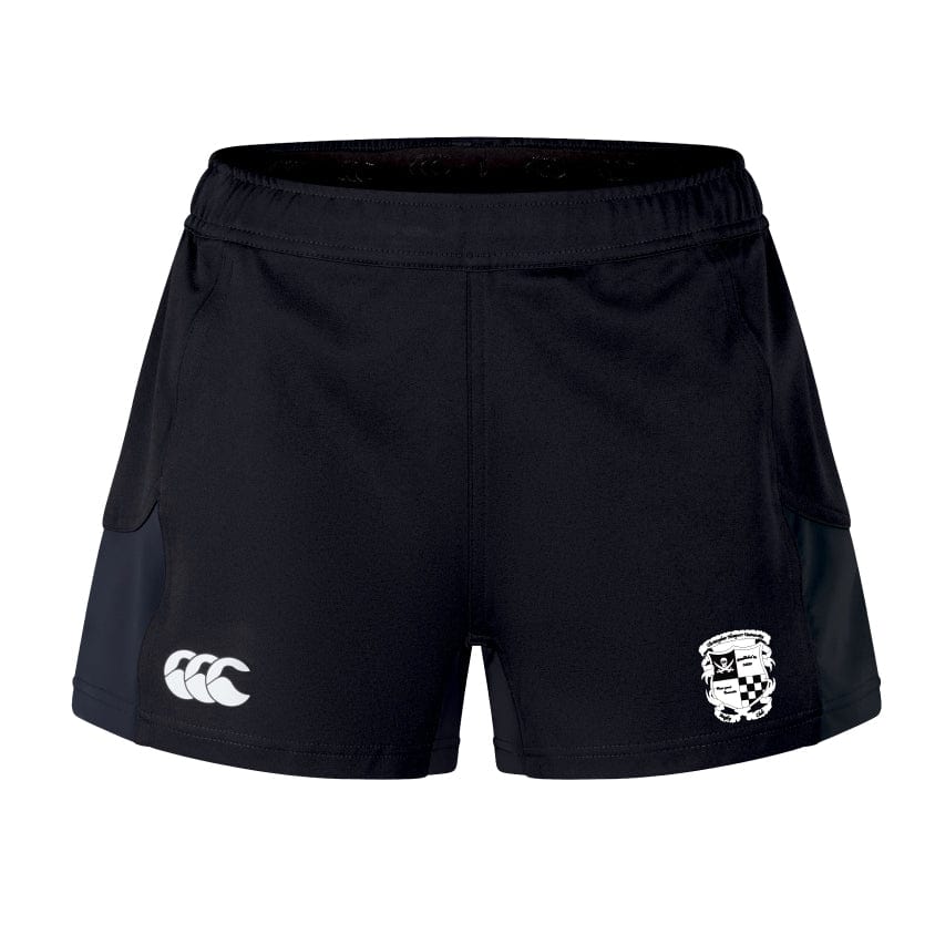 Enhance your workout with the Rugby Football Club at Christopher Newport University Women's Advantage Short 2.0 by EMB Canterbury. Expertly crafted for performance and sustainability using recycled content, these black sports shorts showcase a logo and white emblem on the front.