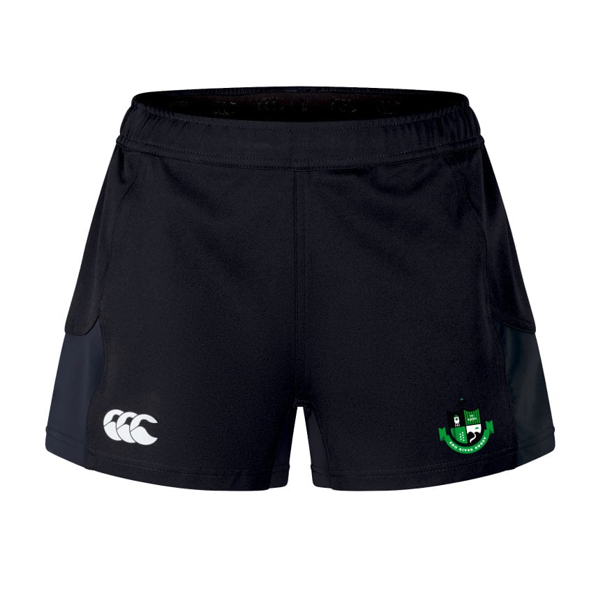 The Eno River Rugby Advantage Short 2.0 by EMB Canterbury are black performance rugby shorts with a logo on the right leg and a white logo on the left, made with recycled content for sustainability.