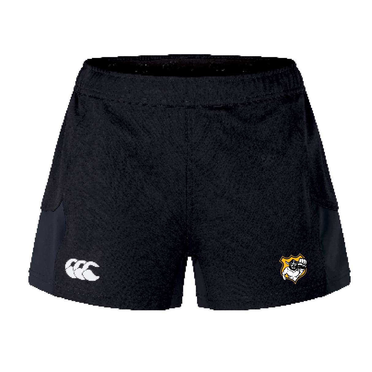 Seattle Vikings Rugby Women's Advantage Short 2.0 by EMB Canterbury, crafted with recycled content, features a white logo on the left and a yellow animal emblem on the right in black.