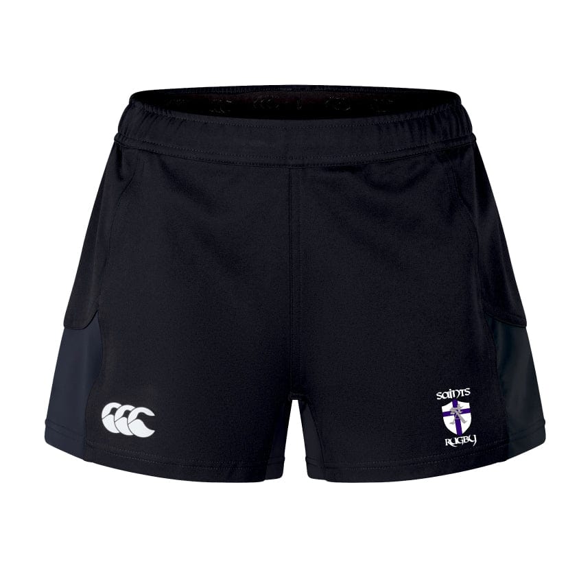 The St. Augustine High School Women's Advantage Short 2.0 by Canterbury, from EMB Canterbury, is designed for peak performance with black rugby shorts featuring a white logo on the left and a team emblem on the right, now incorporating recycled content for improved sustainability.