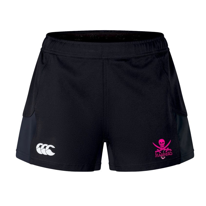The SUNY Maritime Women's Advantage Short 2.0 by EMB Canterbury offers black sports shorts made with recycled materials, featuring a white logo on the left side and a pink skull logo on the right, blending performance with sustainability in every stitch.