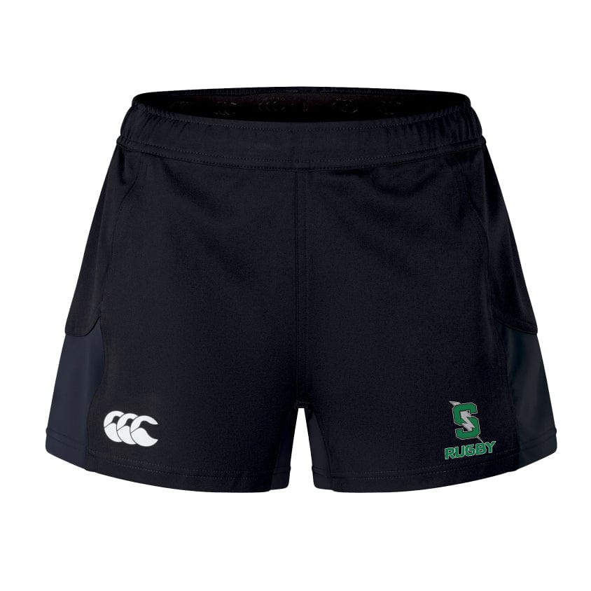 The Summit Rugby Advantage Short 2.0 by EMB Canterbury features a sleek black design with a white Canterbury logo on the left thigh and a green and white rugby emblem on the right thigh, engineered for ultimate performance. These shorts are created with recycled content, providing a more sustainable choice without sacrificing durability.