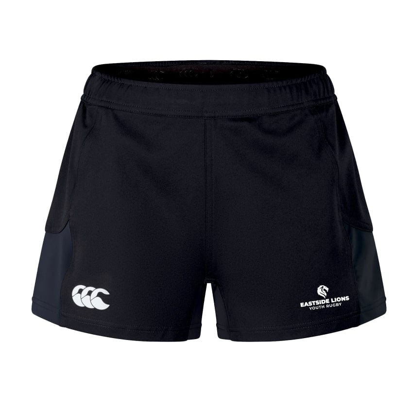 The Eastside Lions Women's Advantage Short 2.0 by EMB Canterbury are black rugby shorts featuring the Canterbury logo on the left and the Eastside Lions Youth Rugby logo on the right, designed for optimal performance using recycled content.