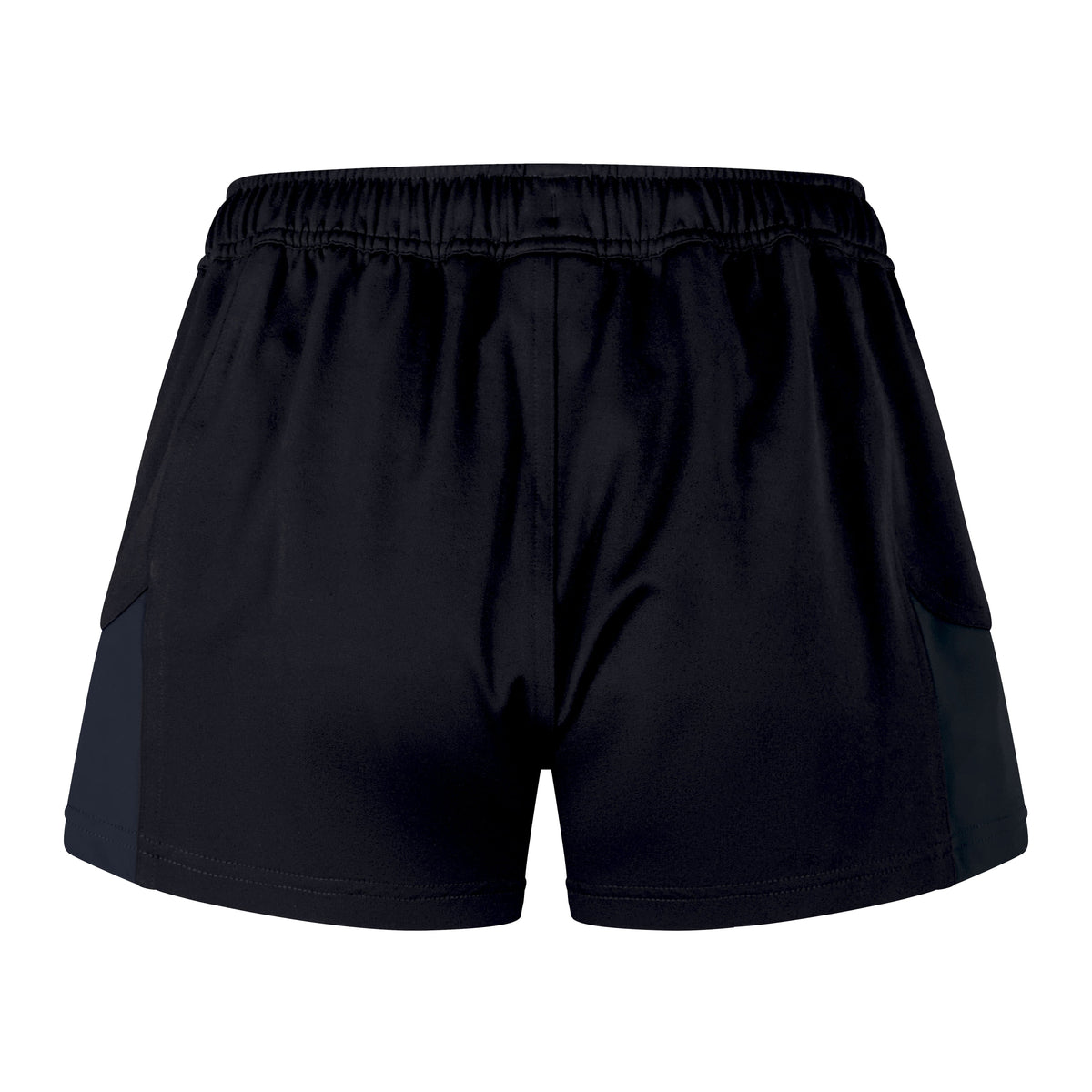The Women's Canterbury Advantage Short 2.0 by Canterbury features black athletic shorts with an elastic waistband, side pockets, and recycled content for sustainability, designed for optimal performance with a front view.