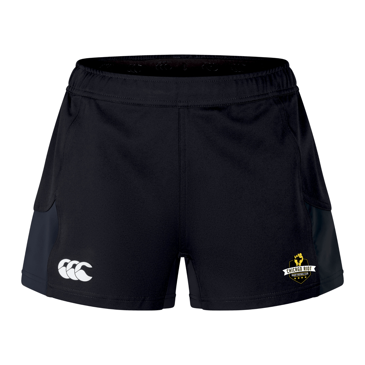 The Chicago Riot Women's Advantage Short 2.0 by EMB Canterbury features a white Canterbury logo on the left leg, a Schenectady Rugby crest on the right, and is crafted for sustainable performance and comfort.