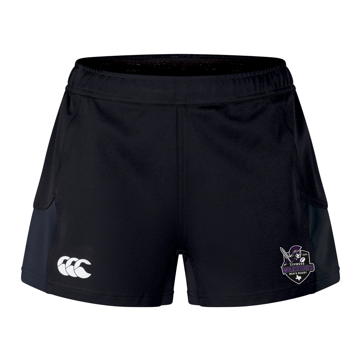 The Cypress Warriors Men's Rugby Women's Advantage Short 2.0 by EMB Canterbury are black training shorts with side panels, made from recycled materials, and feature a white Canterbury logo on the left leg and a purple team shield on the right.