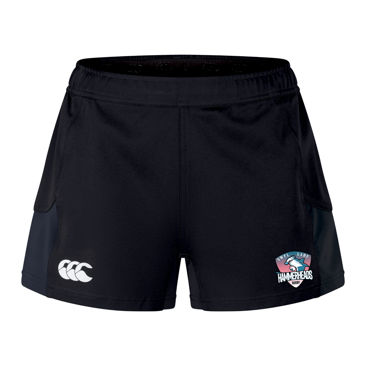 The SWFL Lady Hammerheads Women's Advantage Short 2.0 by WRS Canterbury are recycled black training shorts, with the Canterbury logo on the left leg and Port Macquarie Hammerheads rugby club logo on the right, designed for comfort and performance.