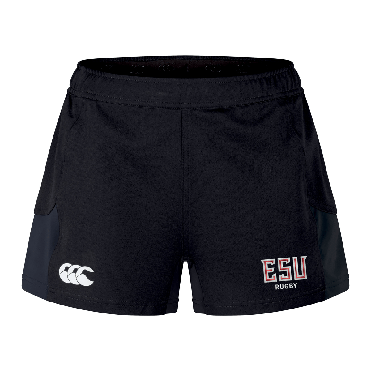 The East Stroudsburg University Women's Advantage Short 2.0 by EMB Canterbury features dark side panels, a white Canterbury logo on the left leg, "ESU Rugby" on the right, and is made with recycled materials for eco-friendly comfort.