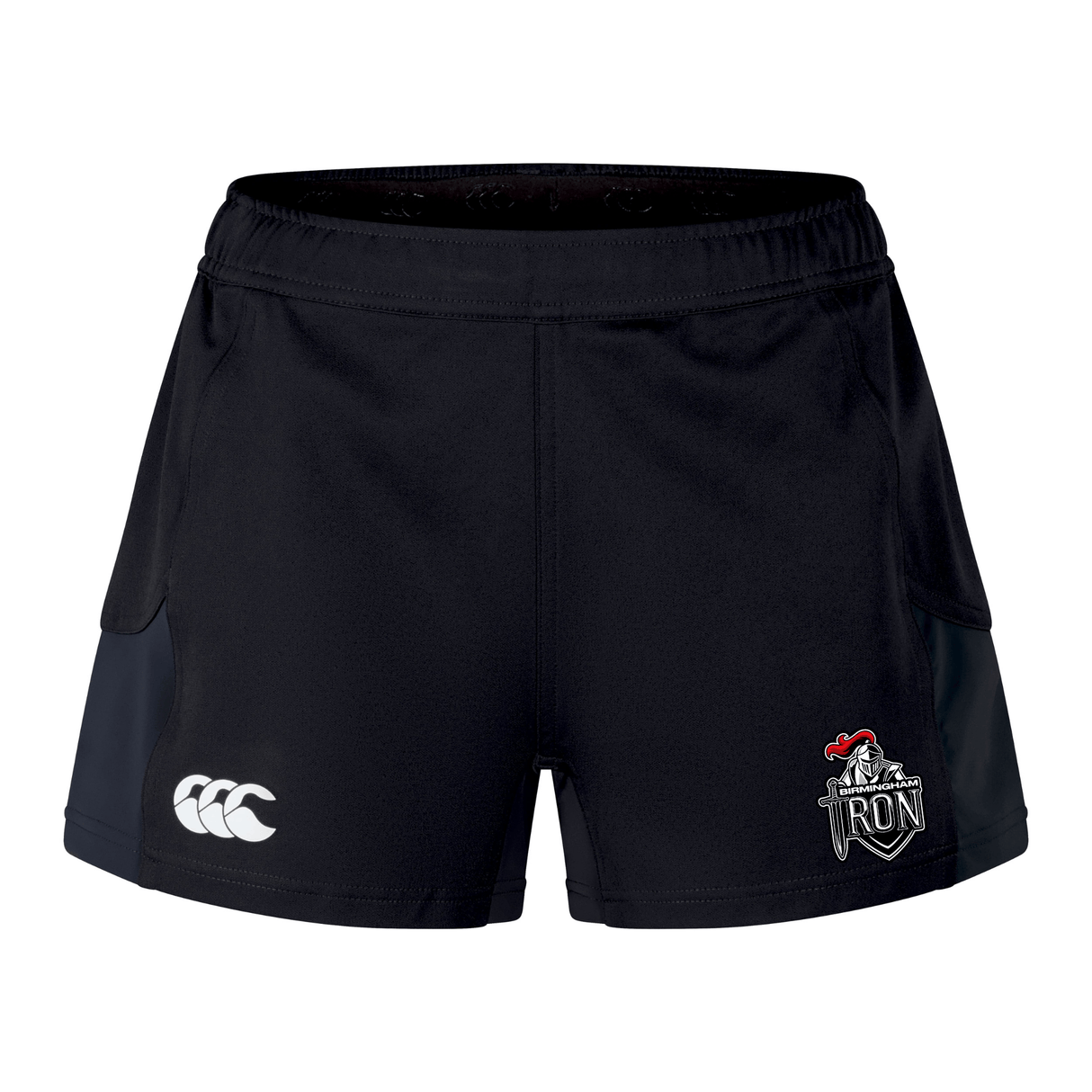 The Birmingham Iron Women's Football Women's Advantage Short 2.0 by EMB Canterbury features black sustainable fabric, a white Canterbury logo on the left leg, and a red, grey, and white Iron Knights crest on the right—ideal sportswear for active days.