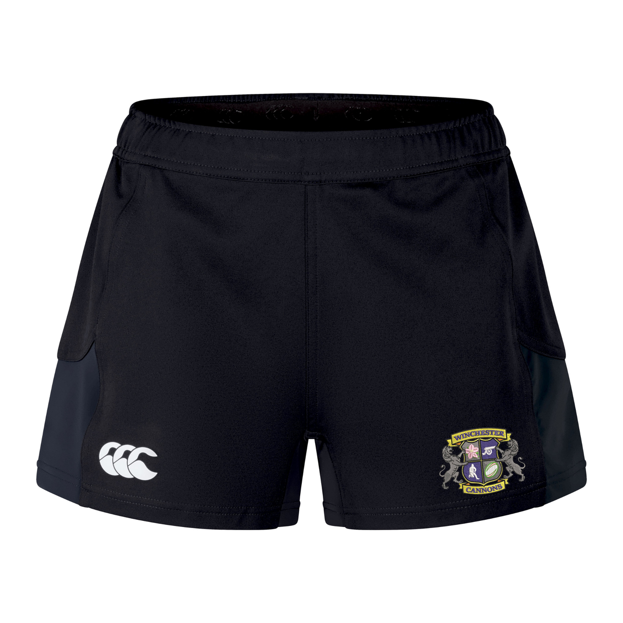 The Winchester Cannons Women's Advantage Short 2.0 by EMB Canterbury features a white Canterbury logo on the left, an embroidered shield and lion crest on the right, and is made from recycled material for high-performance training.