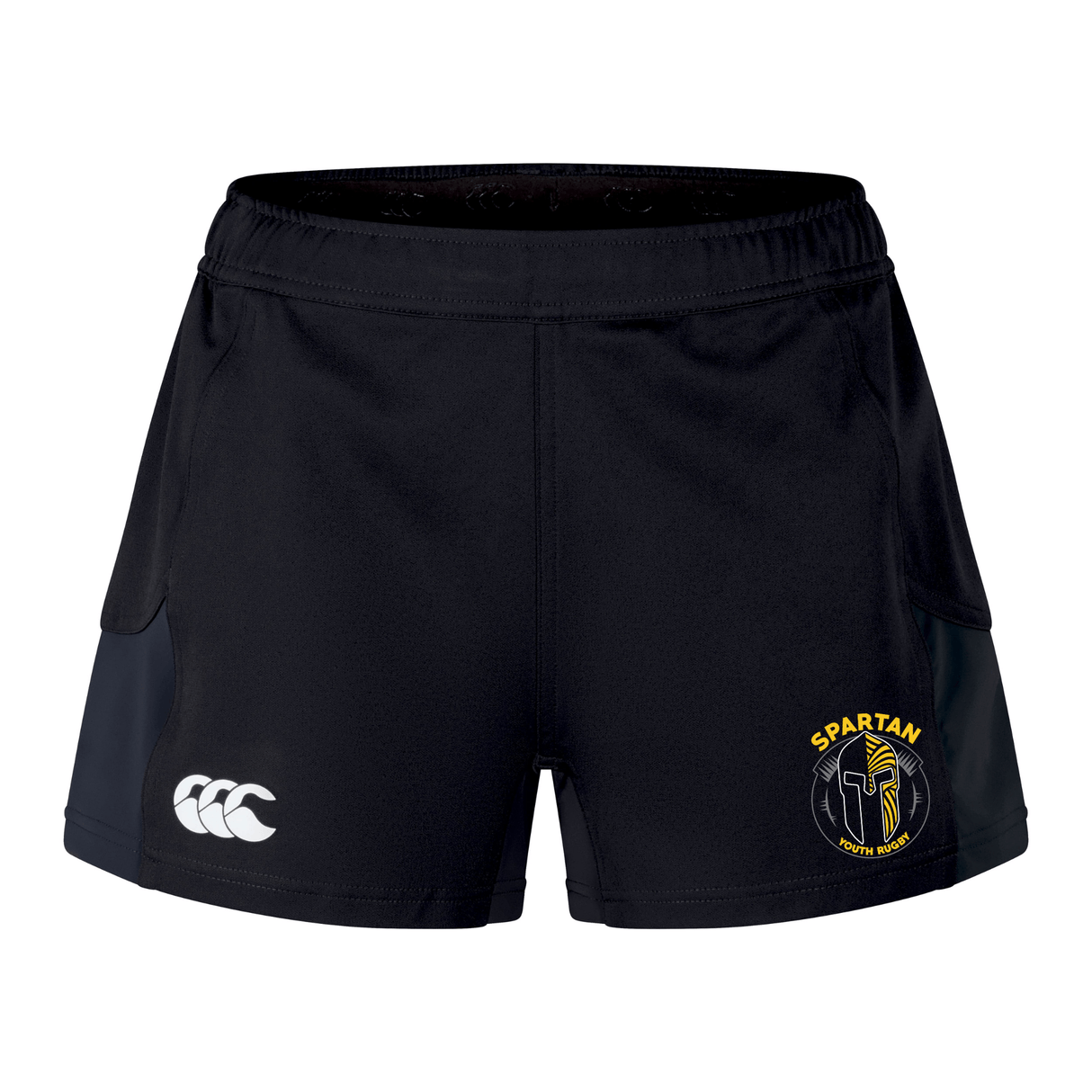 The Spartan Youth Rugby Women's Advantage Short 2.0 by EMB Canterbury features black sustainable fabric, a white Canterbury logo on the left, and a yellow Spartan Youth Rugby logo on the right—ideal eco-friendly sportswear for women.