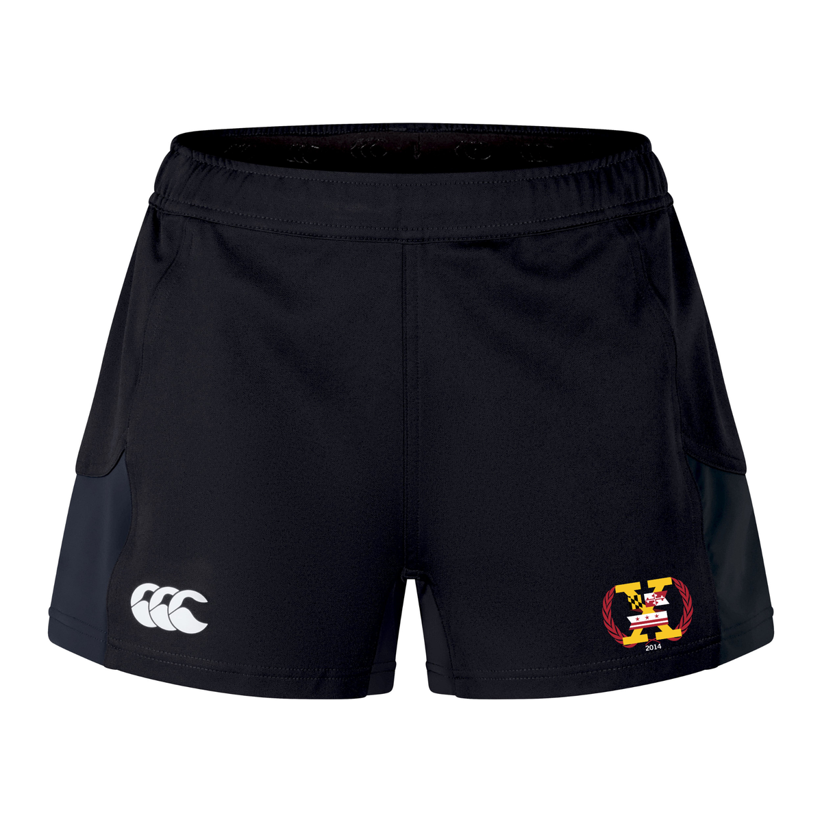 The Potomac Exiles Rugby Club Women's Advantage Short 2.0 by EMB Canterbury features black recycled performance fabric for exceptional durability and comfort. Designed with the iconic Canterbury logo on the left front and a "2011" Potomac Exiles Rugby Club crest on the right front, these shorts are ideal for active lifestyles.