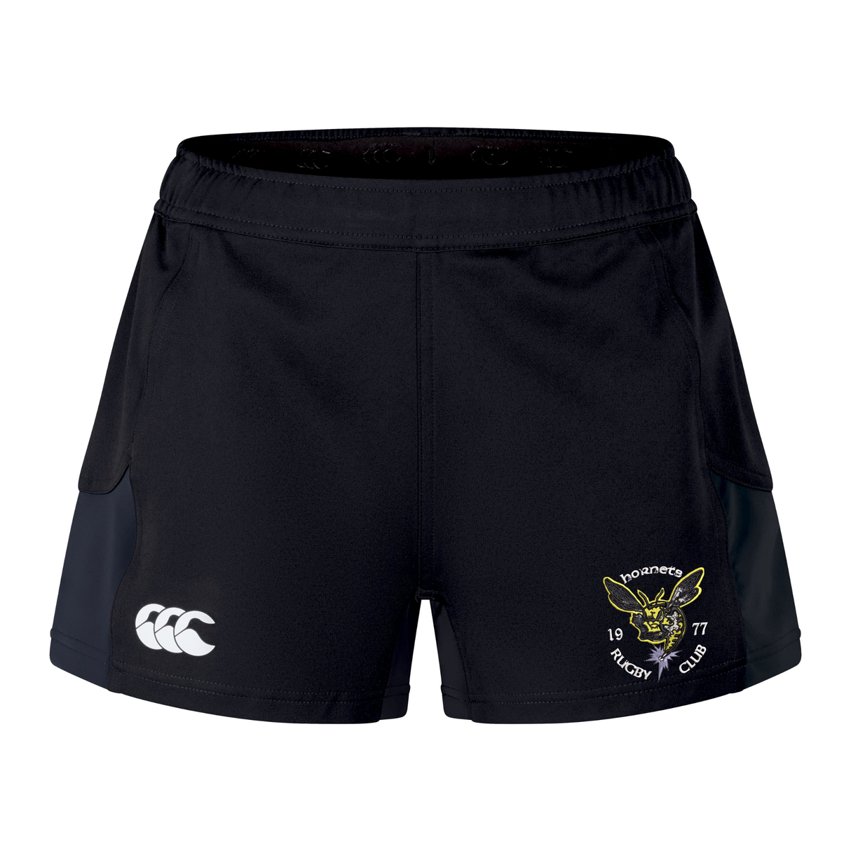 Introducing the Hornets Rugby Club 1977 Women's Advantage Short 2.0 by Canterbury from EMB Canterbury—sleek black athletic shorts featuring a white Canterbury logo on the left and a Hornets Rugby Club emblem, showcasing a wasp, the year 1977, and crossed rugby balls on the right. These sustainable shorts blend timeless style with eco-friendly materials for lasting comfort both on and off the field.