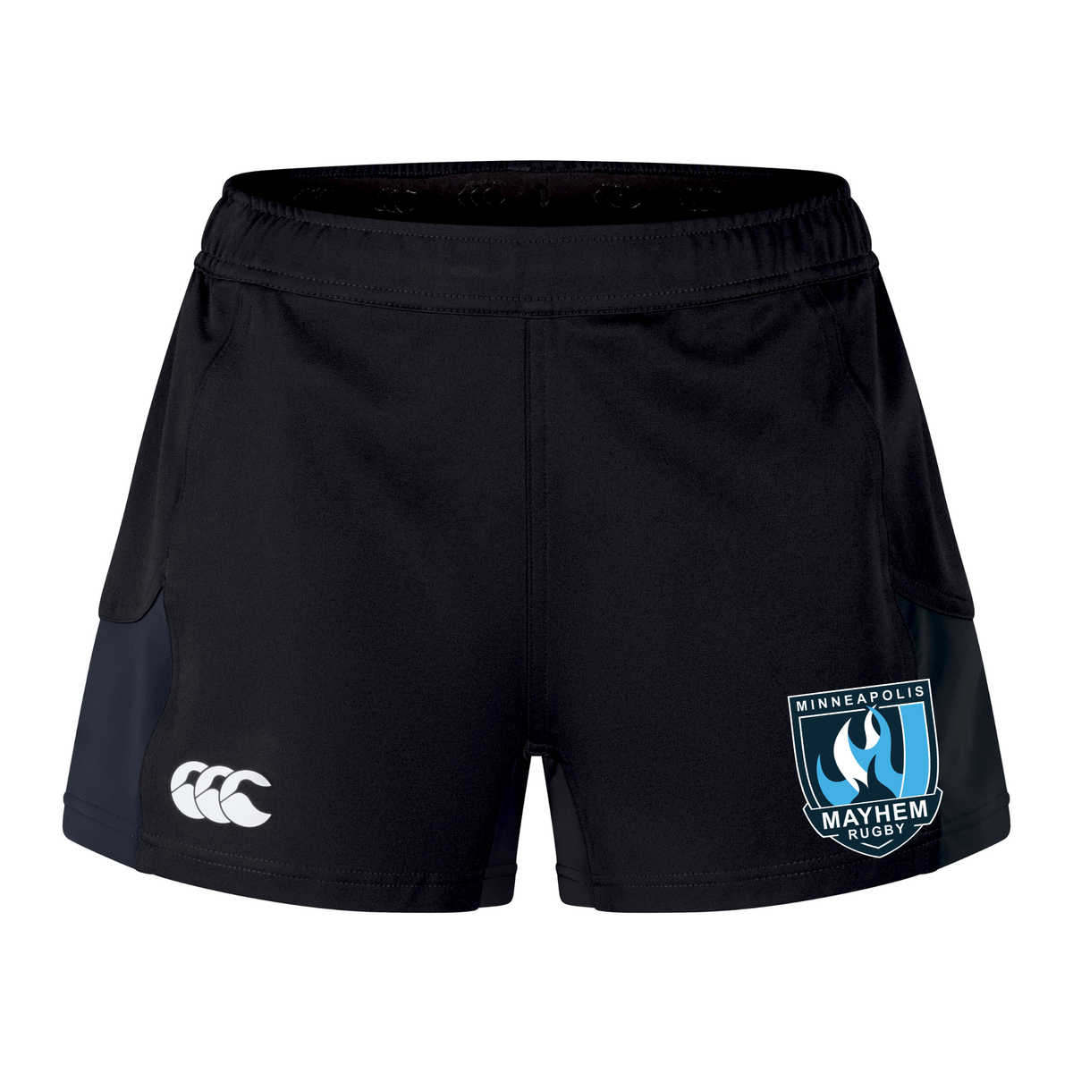 The Minneapolis Mayhem Rugby Women’s Advantage Short 2.0 by Canterbury are black recycled performance shorts from EMB Canterbury, featuring a white Canterbury logo on the left leg and the Minneapolis Mayhem Rugby Club crest on the right leg for a stylish and comfortable sustainable athletic option.