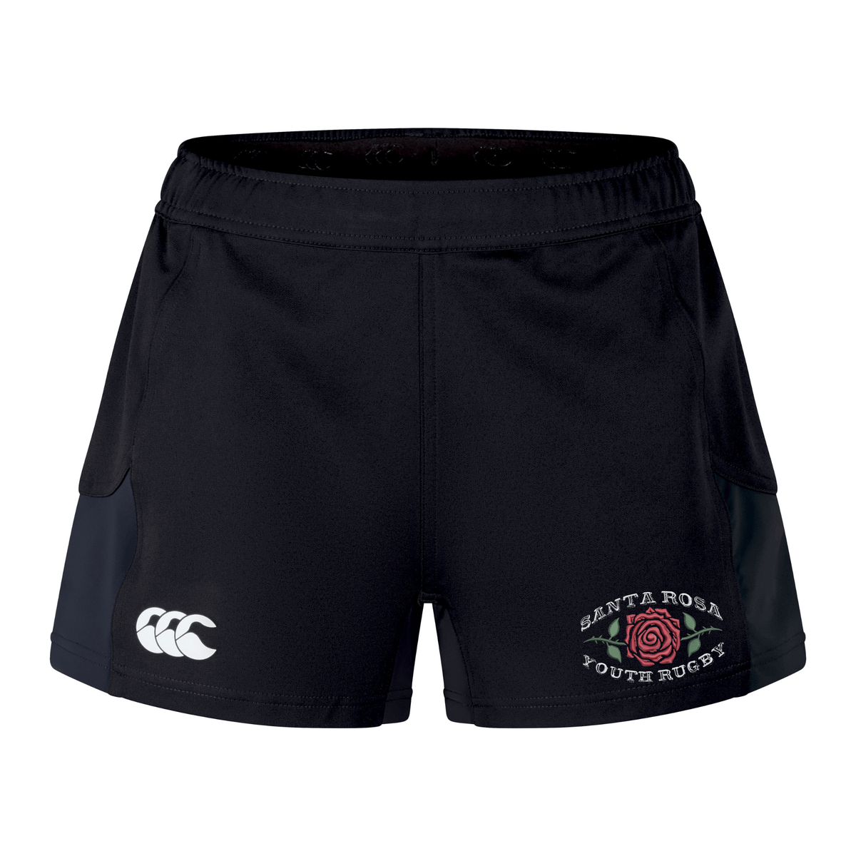The Santa Rosa Youth Rugby Women’s Advantage Short 2.0 by Canterbury, from EMB Canterbury, are black recycled athletic shorts featuring “Santa Rosa Youth Rugby” and a rose emblem on the left leg, with a white CCC logo on the right leg—designed for both comfort and durability.