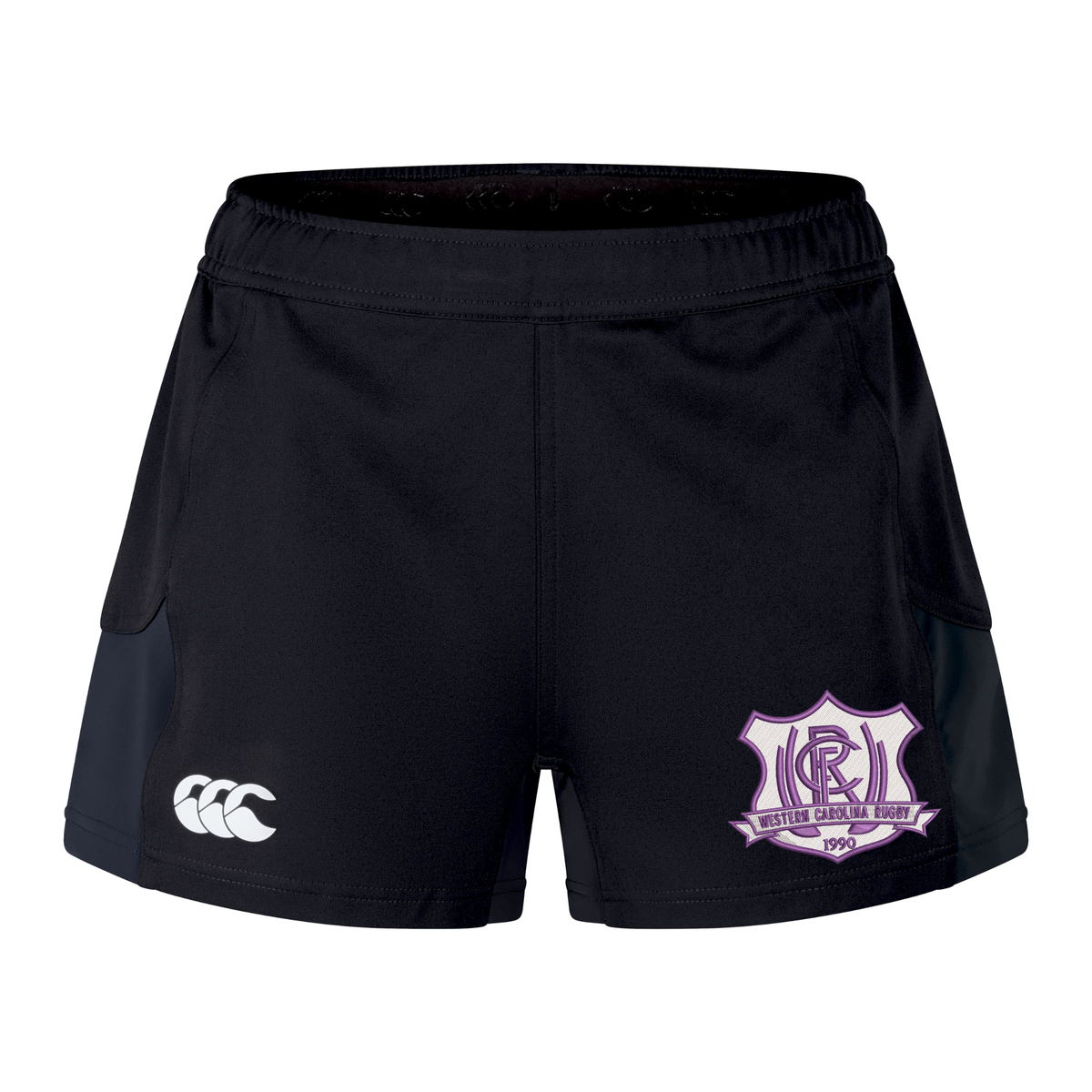 Black recycled Western Carolina University Women’s Advantage Short 2.0 by Canterbury training shorts with a white logo on the right leg and a Western Carolina Rugby emblem on the left leg.