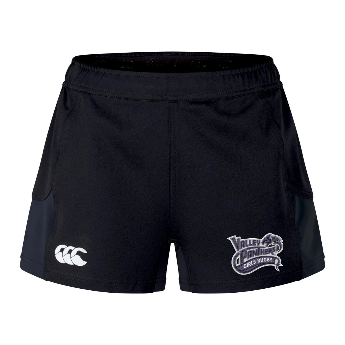 EMB Canterbury Valley Panthers Girls Rugby Women’s Advantage Short 2.0 athletic shorts feature the “Valley Panther Girls Rugby” logo on the right leg and a white Canterbury logo on the left, with dark side panels and eco-friendly construction using recycled materials for sustainable performance.