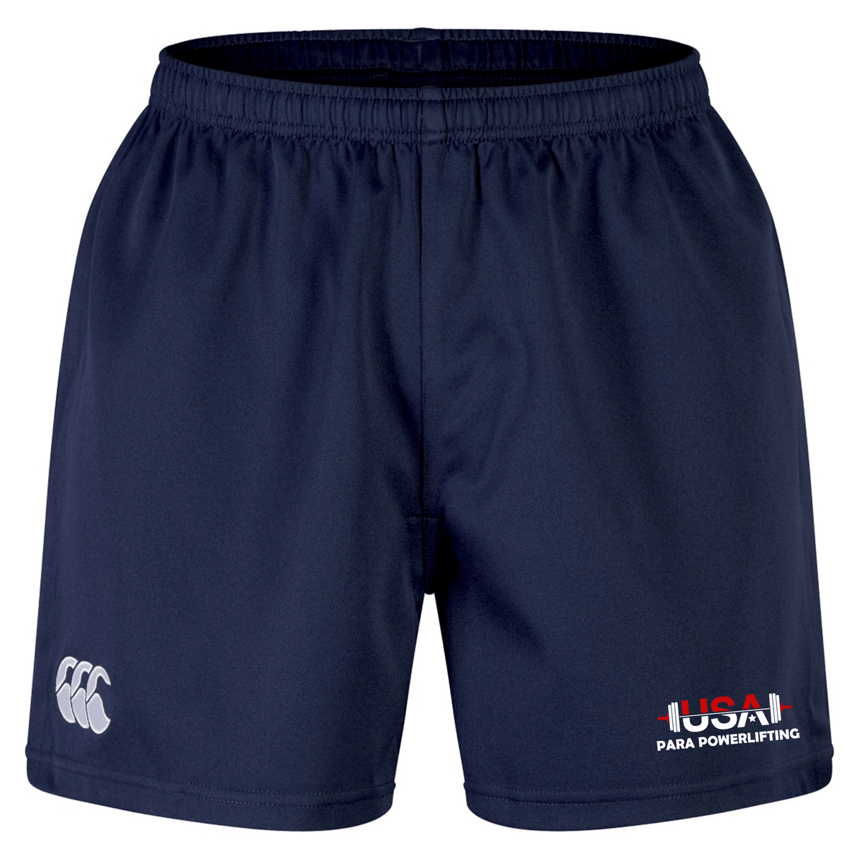 The USA Para Powerlifting Advantage Short 2.0 by EMB Canterbury features a navy blue design, elastic waistband, CCC logo on the left leg, and "USA Para Powerlifting" logo on the right leg.