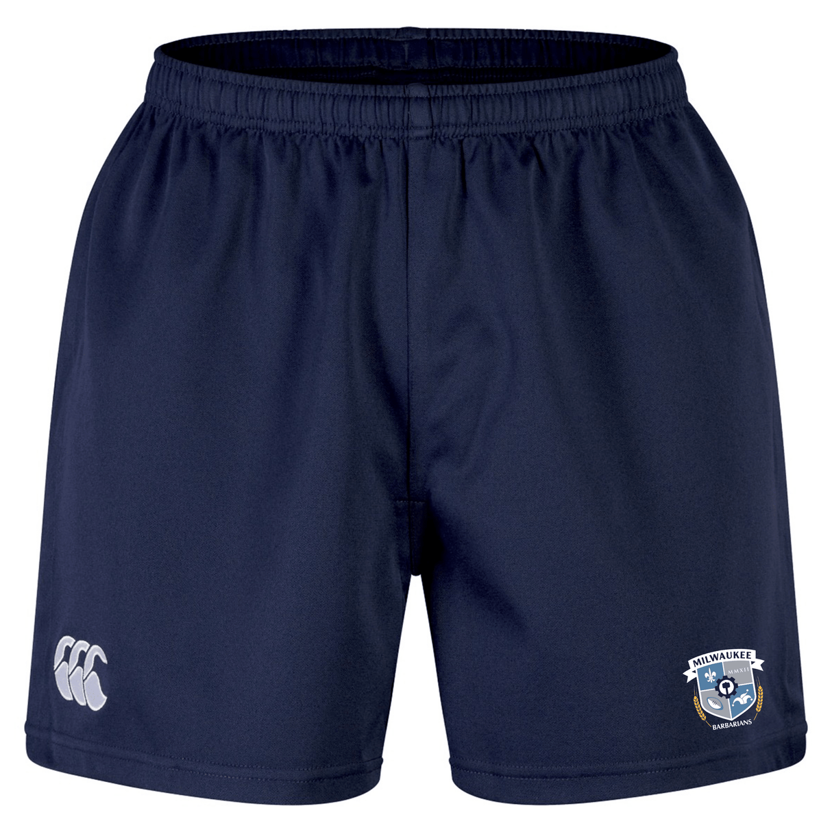 The Milwaukee Barbarians Rugby Advantage Short 2.0 by EMB Canterbury features an elastic waistband, a white CCC logo on the left leg, and the Milwaukee rugby club crest on the right—ideal recycled shorts for performance training.