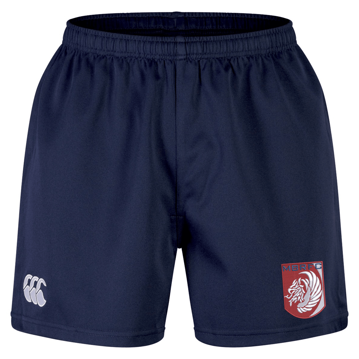 The EMB Canterbury Montgomery Bucks Griffins Advantage Short 2.0 features an elastic waistband, white left-leg logo, and a red and white lion crest on the right—athletic shorts made for style and comfort.