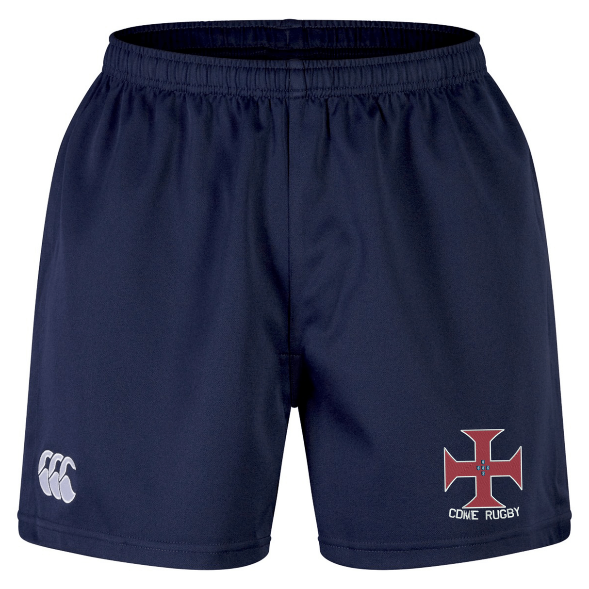 Navy blue SF CDME Rugby Advantage Short 2.0 by EMB Canterbury, featuring an elastic waistband for comfort, a white Canterbury (CCC) logo on the left thigh, and a red and white cross emblem with "CDUL RUGBY" on the right thigh. Made using recycled materials for enhanced durability and sustainability.