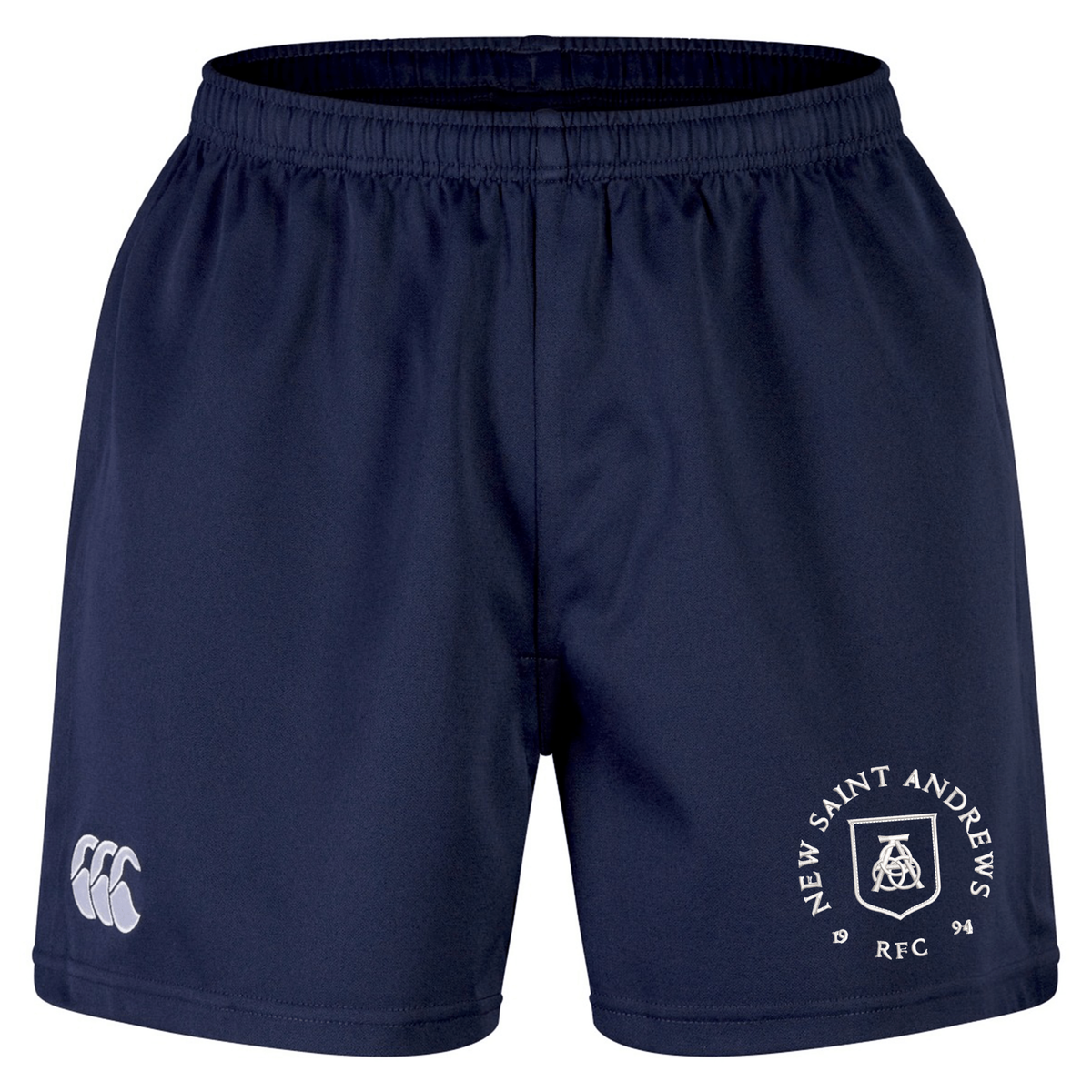 Navy blue New Saint Andrews College Advantage Short 2.0 by Canterbury, made from recycled material with an elastic waistband, featuring the New Saint Andrews RFC logo and a white EMB Canterbury logo on the front.