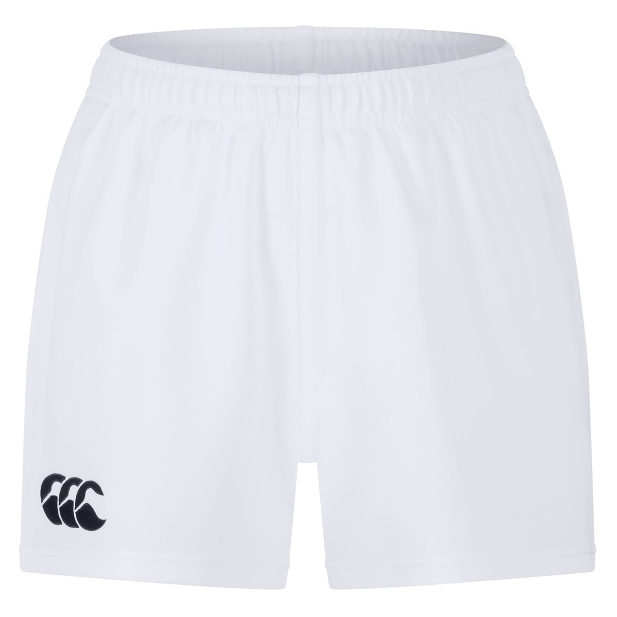 The Canterbury Professional Short 2.0 is a plain white short featuring an elasticated waistband and a black logo on the lower left leg, designed for enhanced durability and comfort.