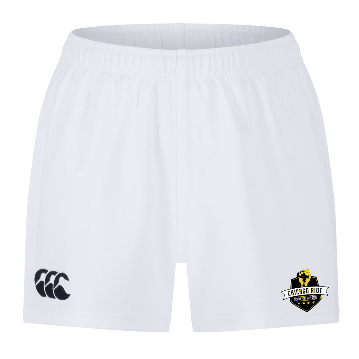 The Chicago Riot Professional Short 2.0 by EMB Canterbury features an elastic waistband, a black Canterbury logo on the left leg, and a black and gold Chicago Riot Rugby logo on the right leg. Durable, comfortable athletic shorts.