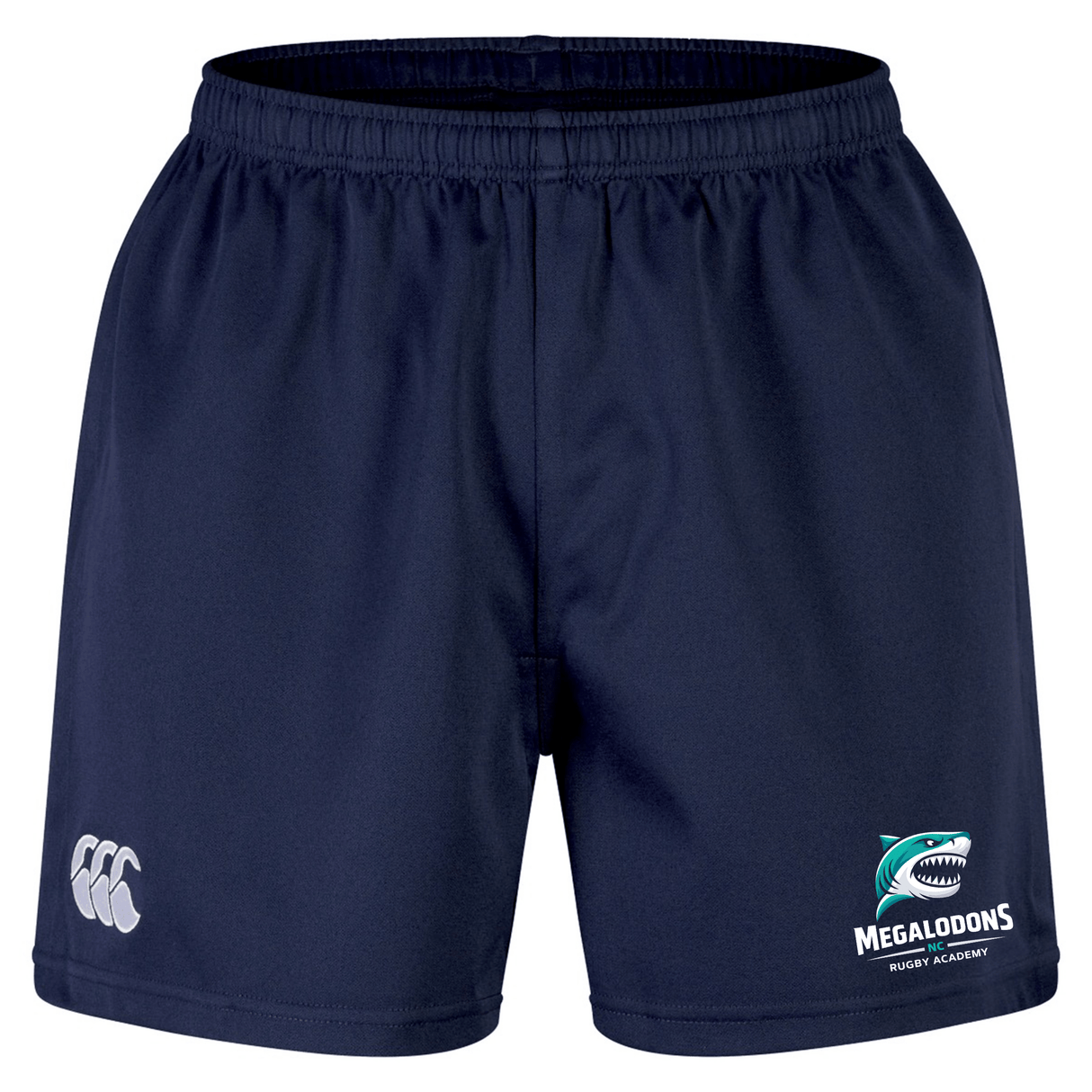 The NC Rugby Academy - Megalodons Professional Short 2.0 by EMB Canterbury features a durable navy design, elastic waistband, CCC Canterbury logo (left leg), and Megalodons Rugby Academy shark graphic (right leg) for top athletic performance.