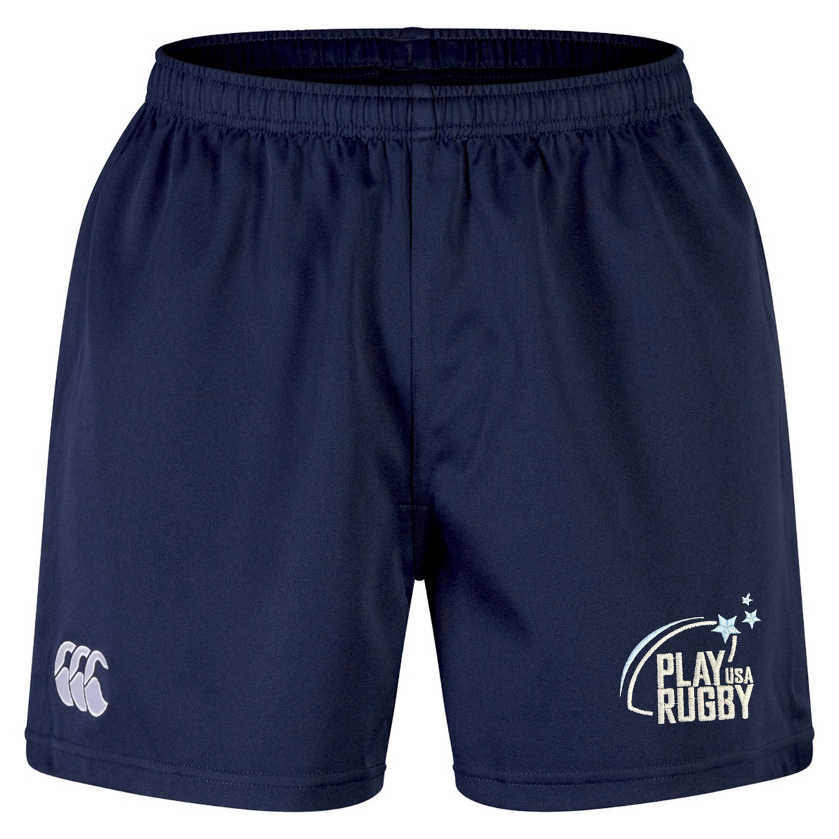 The Play Rugby USA Professional Short 2.0 by EMB Canterbury features a navy blue design with an elastic waistband, the white “CCC” logo on the left leg, and “PLAY USA RUGBY” with stars on the right leg—delivering durable sports shorts crafted for athletes seeking professional rugby shorts quality.