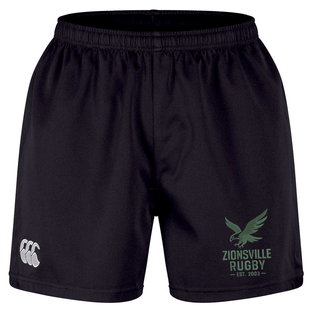 The Zionsville Rugby Club Professional Short 2.0 by EMB Canterbury features a black design with “Zionsville Rugby Est. 2003” and an eagle logo on the left leg, complemented by a white Canterbury logo on the right leg. Crafted for durability, these sports shorts deliver optimal comfort and performance, making them ideal for both training sessions and match days.